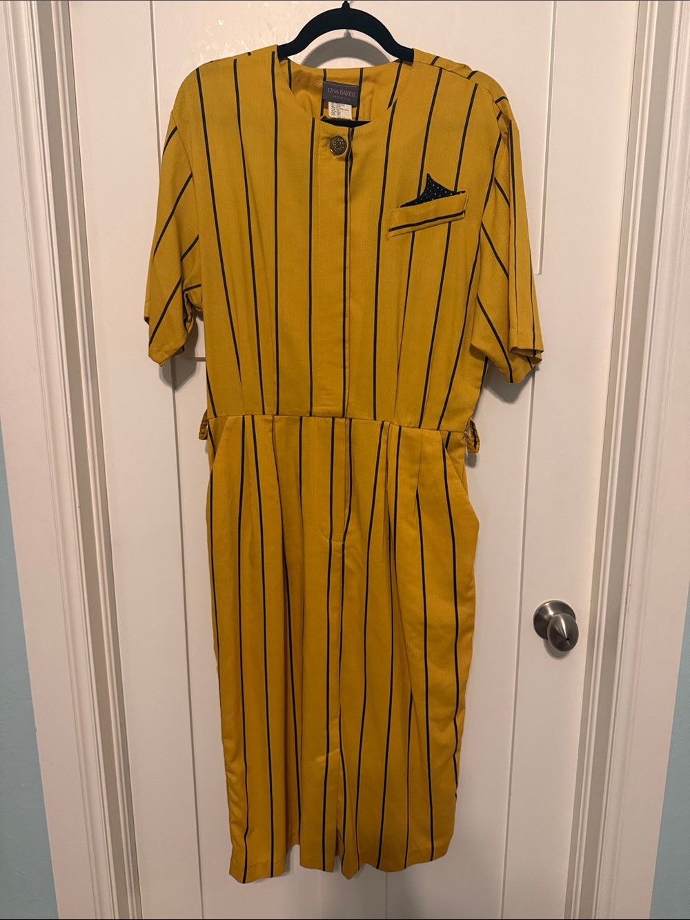 Vintage 80s Eye-Catching Mustard Yellow Striped Midi Secretary Dress Size 12